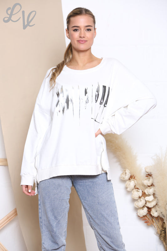 Ladies Foil Heartbeat Graphic Sweatshirt Top White