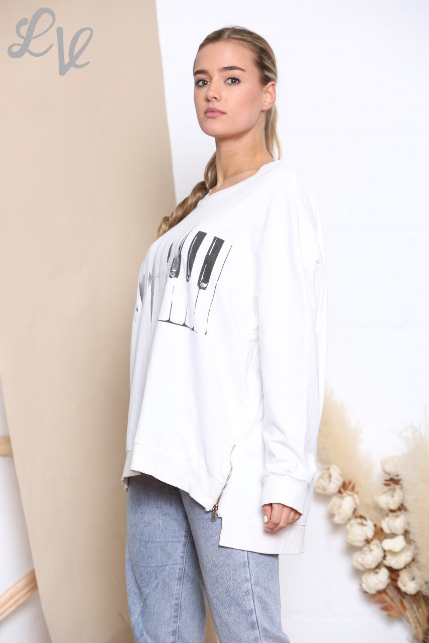 Ladies Foil Heartbeat Graphic Sweatshirt Top White