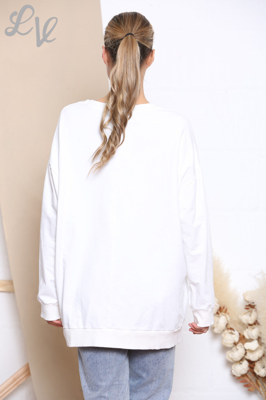 Ladies Foil Heartbeat Graphic Sweatshirt Top White