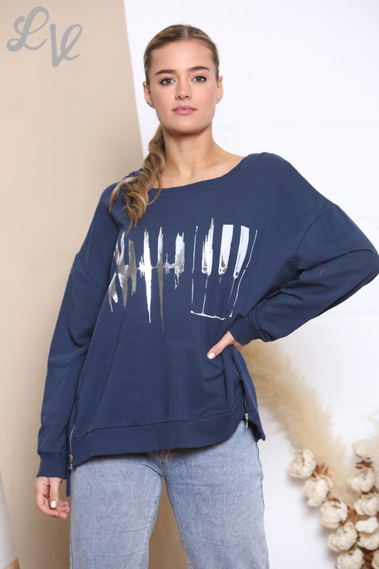 Ladies Foil Heartbeat Graphic Sweatshirt Top Navy