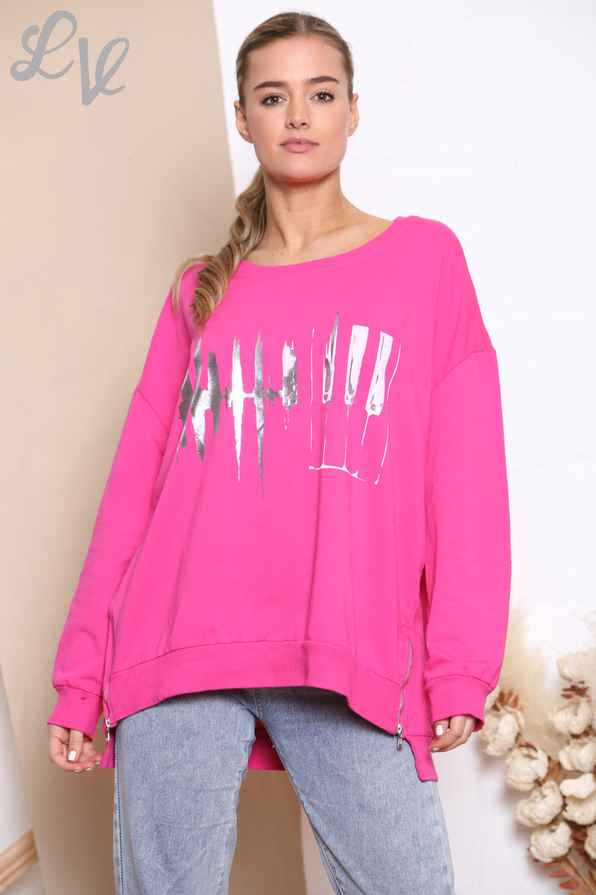 Ladies Foil Heartbeat Graphic Sweatshirt Top Cerise
