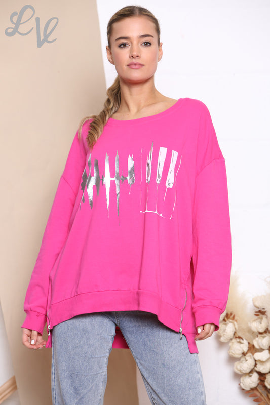 Ladies Foil Heartbeat Graphic Sweatshirt Top Cerise