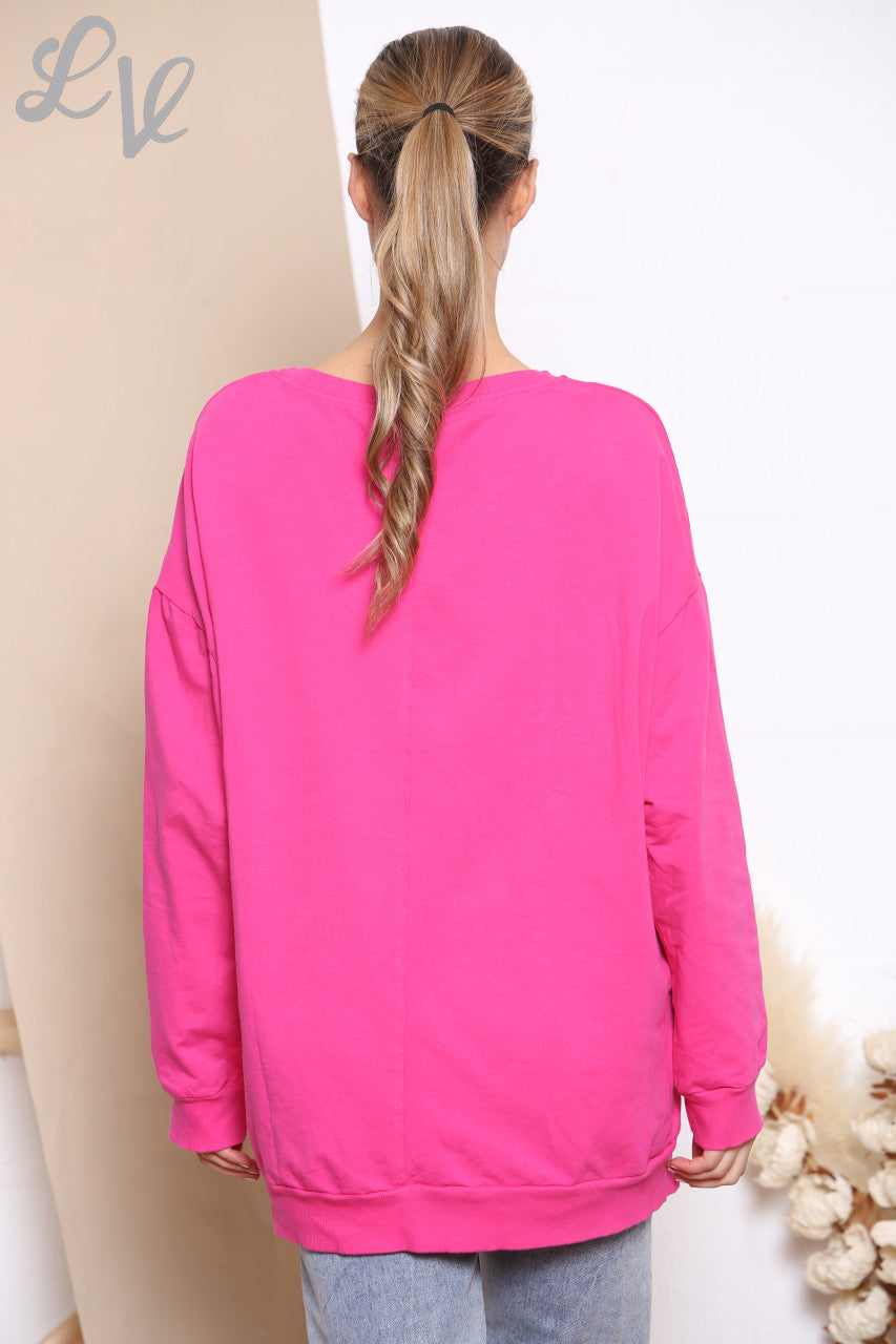 Ladies Foil Heartbeat Graphic Sweatshirt Top Cerise