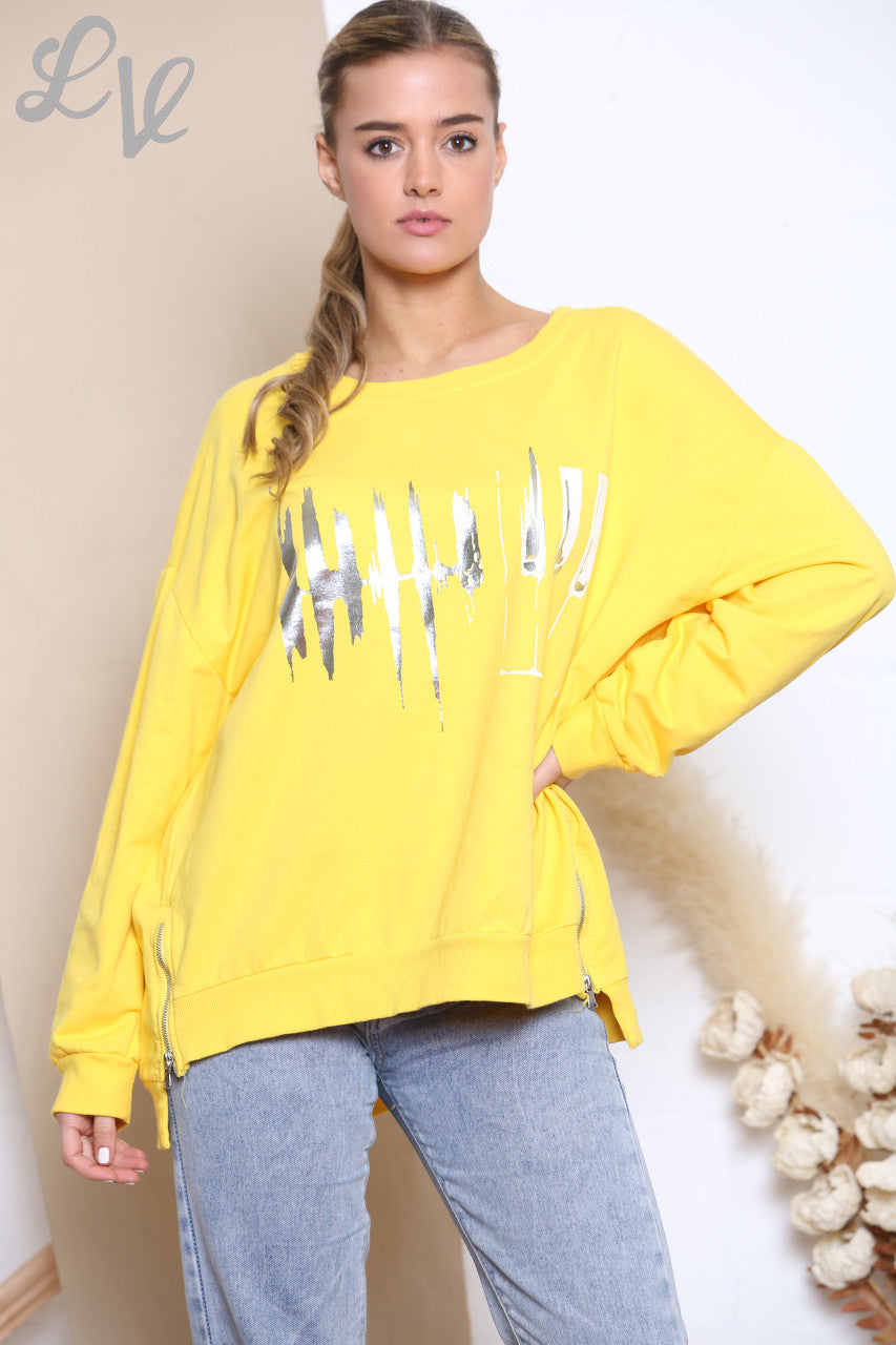Ladies Foil Heartbeat Graphic Sweatshirt Top Lemon