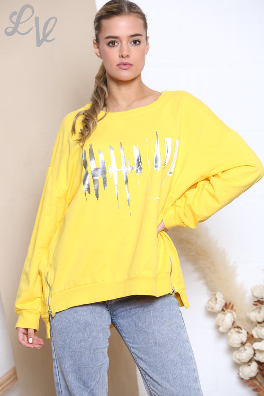 Ladies Foil Heartbeat Graphic Sweatshirt Top Lemon