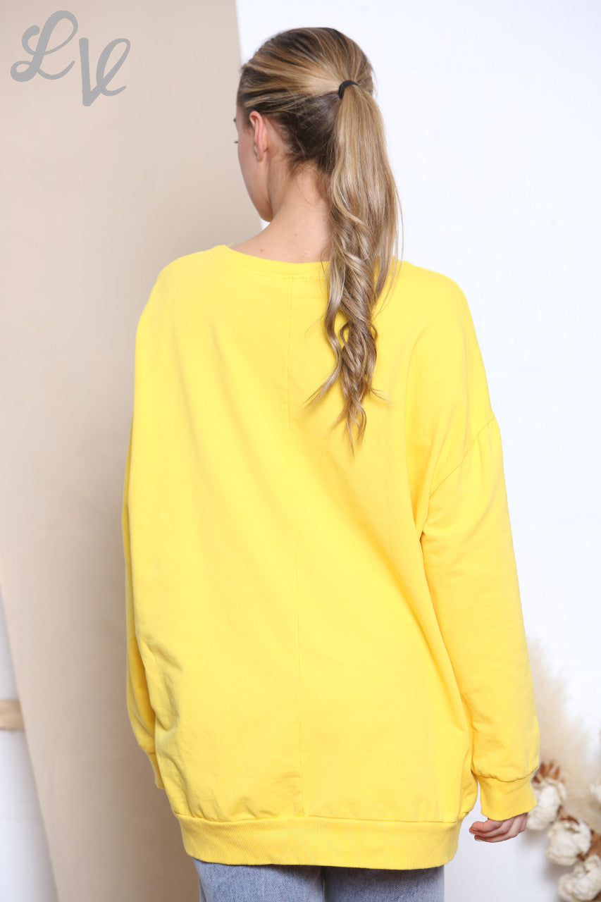 Ladies Foil Heartbeat Graphic Sweatshirt Top Lemon