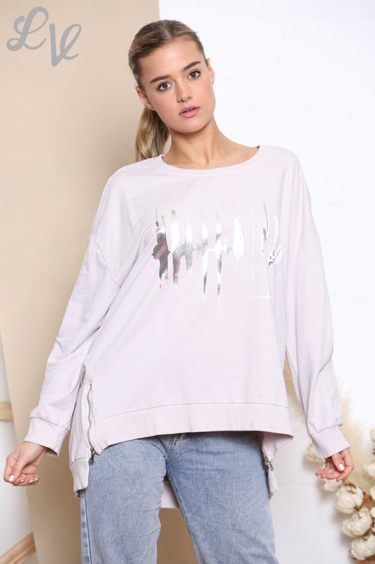 Ladies Foil Heartbeat Graphic Sweatshirt Top Stone