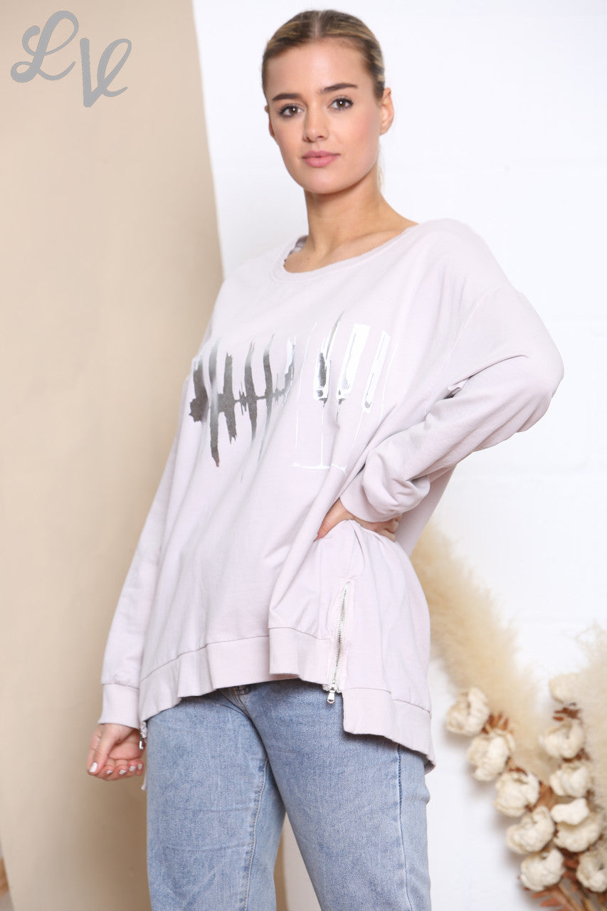 Ladies Foil Heartbeat Graphic Sweatshirt Top Stone
