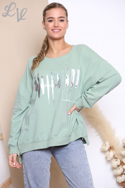 Ladies Foil Heartbeat Graphic Sweatshirt Top Mint