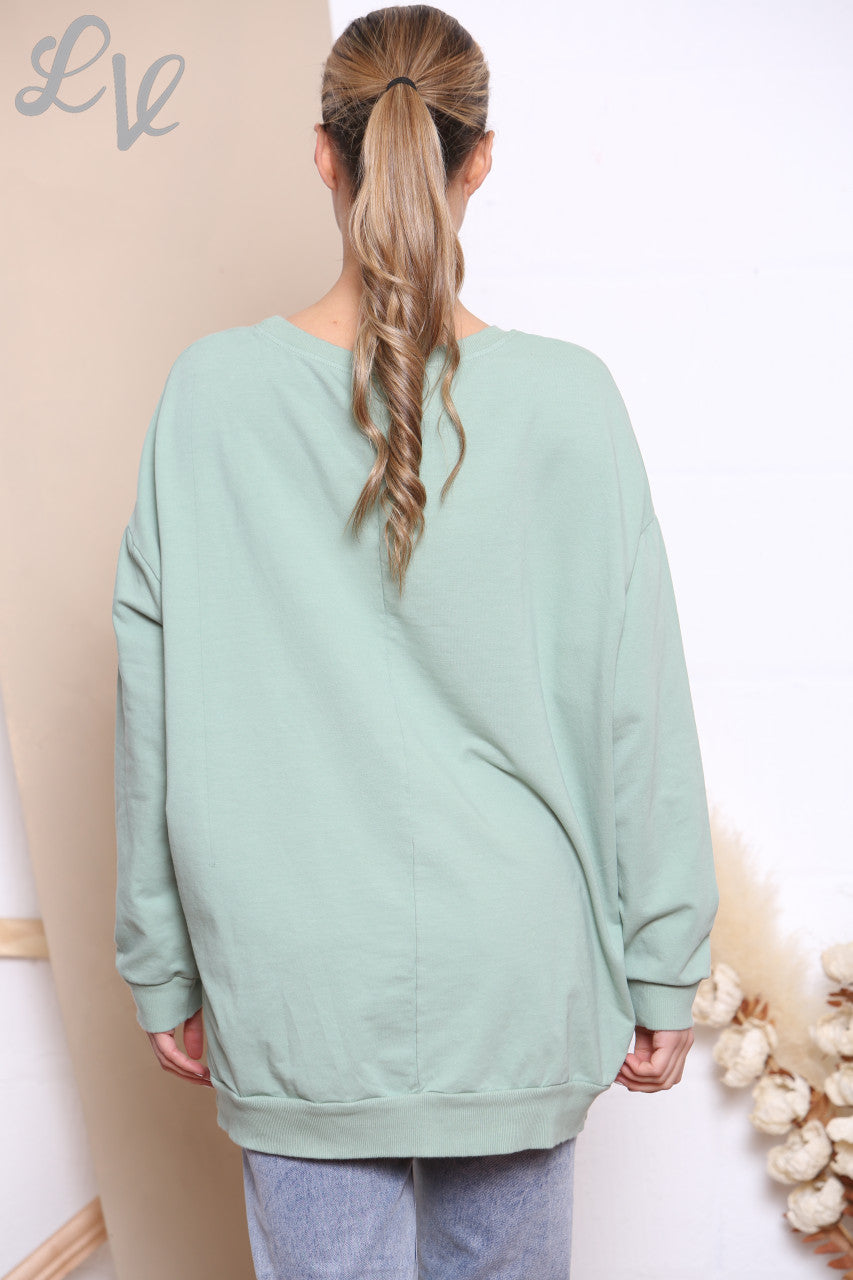 Ladies Foil Heartbeat Graphic Sweatshirt Top Mint