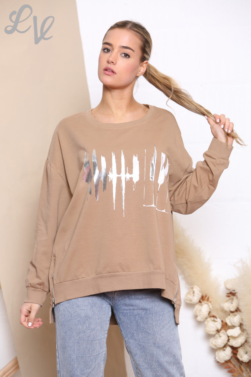 Dames folie hartslag grafisch sweatshirt top tan