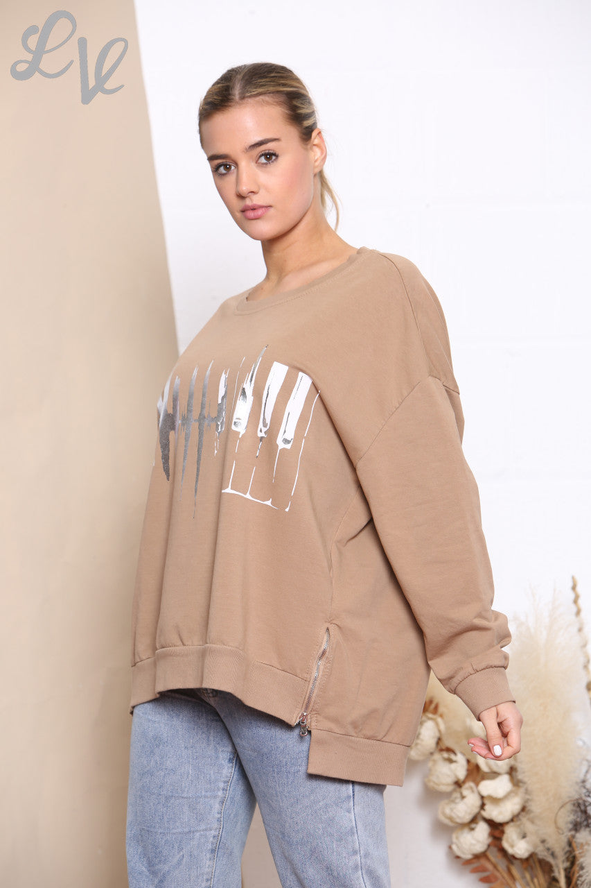 Dames folie hartslag grafisch sweatshirt top tan