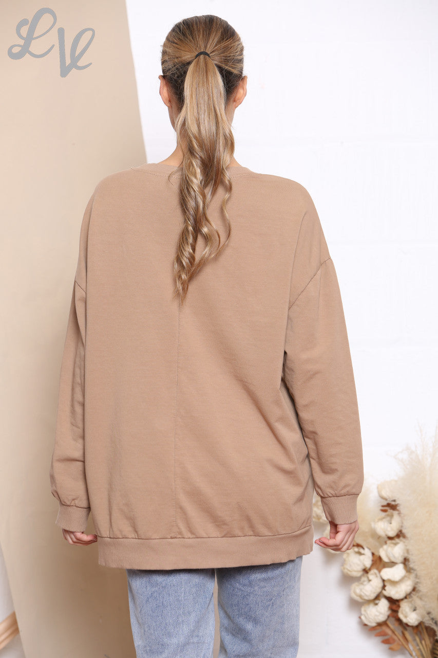 Dames folie hartslag grafisch sweatshirt top tan