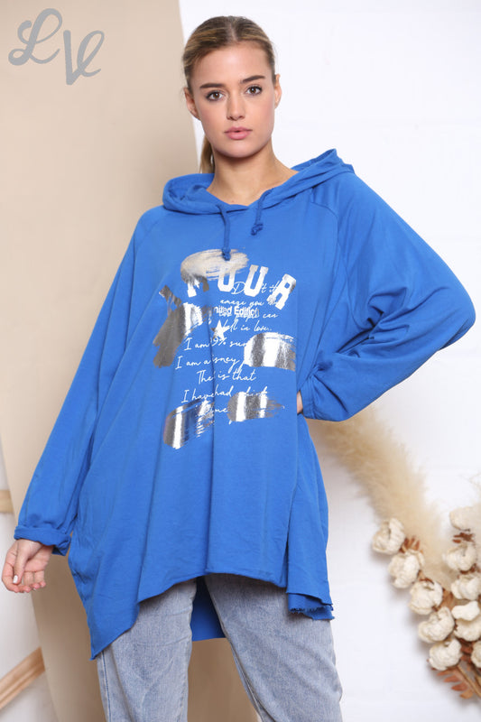 Dames sweater met capuchon van folieschrift koningsblauw