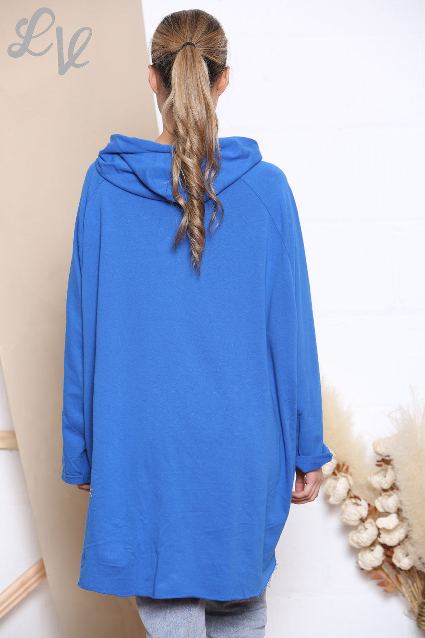Dames sweater met capuchon van folieschrift koningsblauw