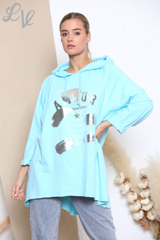 Dames capuchontrui met folie-opdruk in turquoise