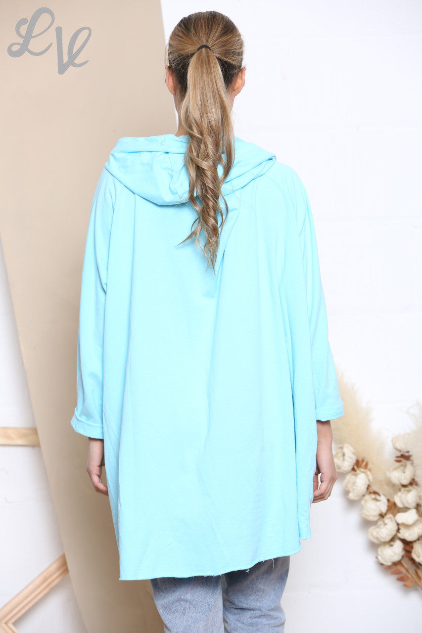 Ladies Foil Script Hooded Sweatshirt Top Turquoise