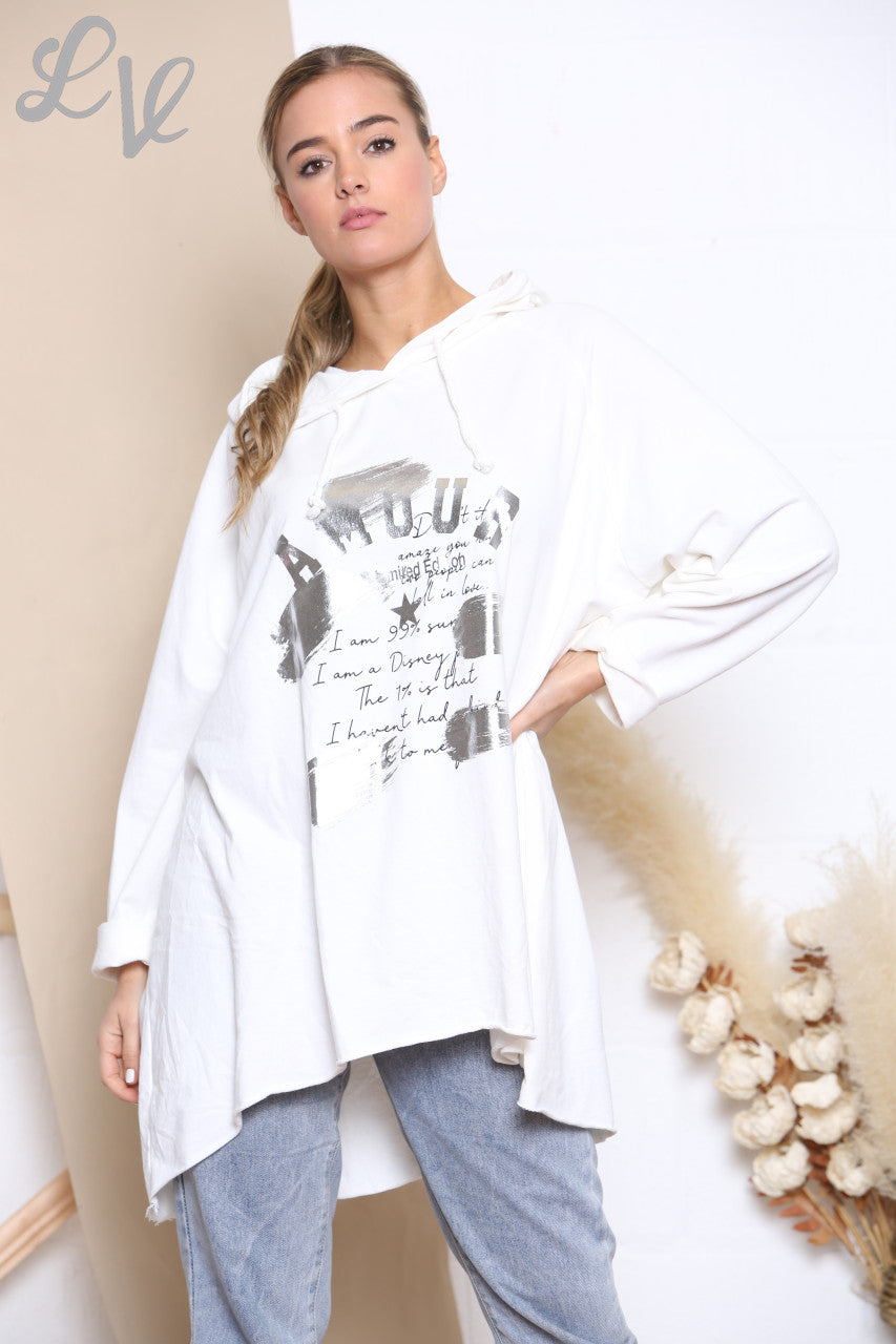 Dames Folie Schrift Capuchon Trui Top Wit