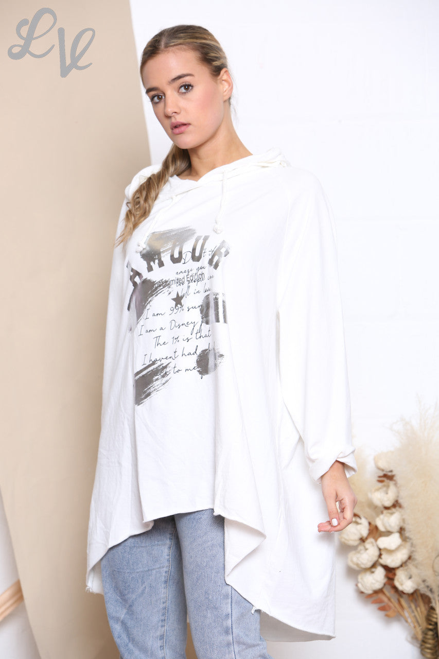 Dames Folie Schrift Capuchon Trui Top Wit
