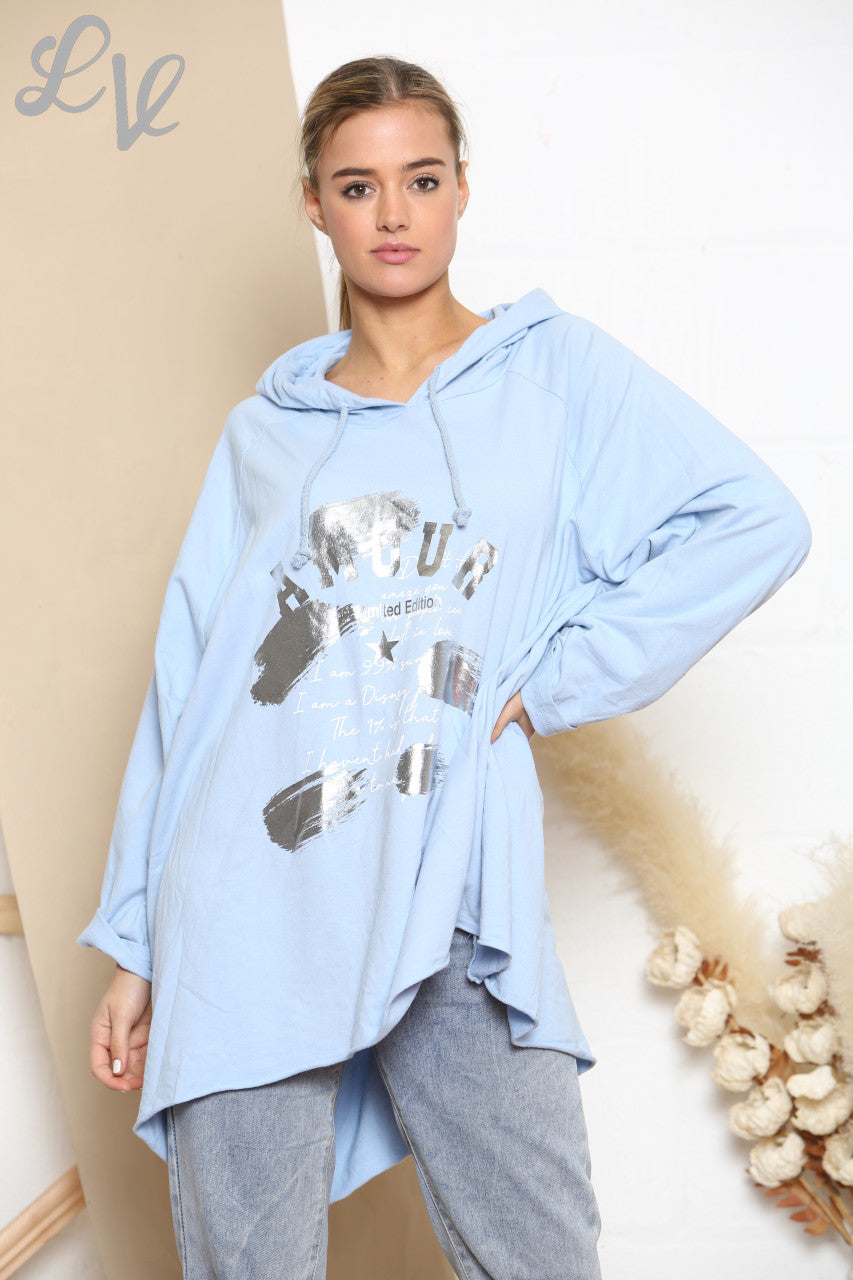 Ladies Foil Script Hooded Sweatshirt Top Sky Blue