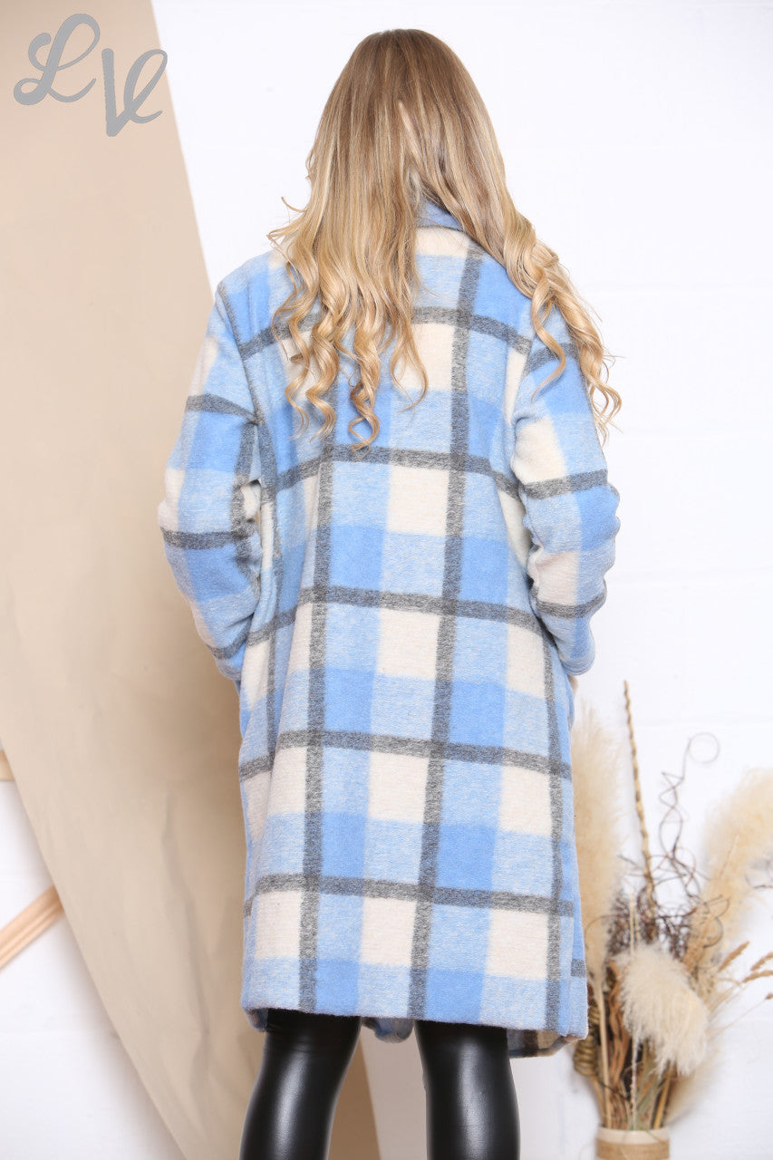 Ladies Check Wool Waterfall Coat Light Blue Unit Price WAS £16.99 NOW £9.99