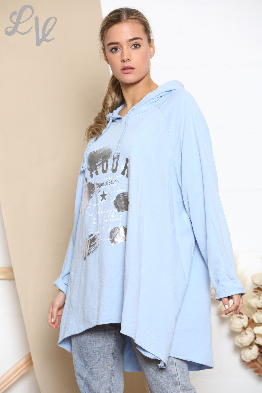 Ladies Foil Script Hooded Sweatshirt Top Sky Blue