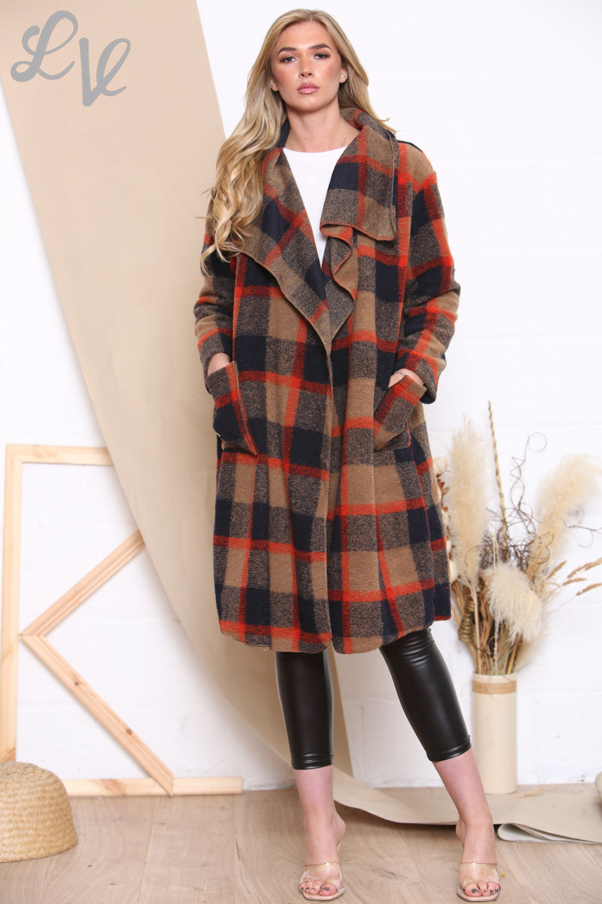 Ladies Check Wool Waterfall Coat Brown Unit Price £16.99