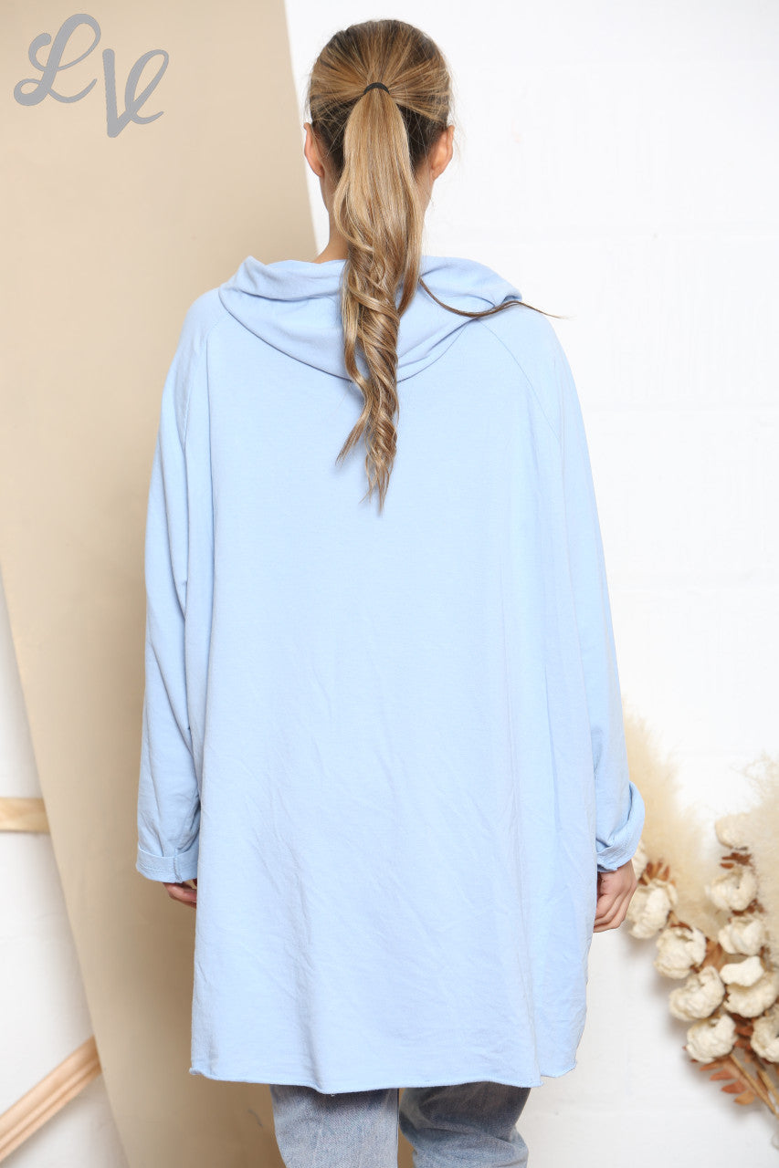 Ladies Foil Script Hooded Sweatshirt Top Sky Blue