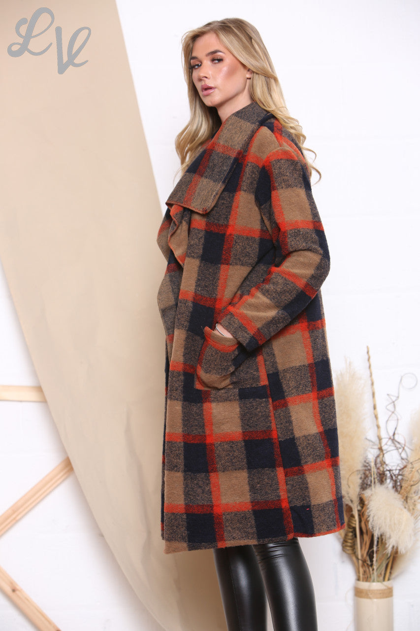Ladies Check Wool Waterfall Coat Brown Unit Price £16.99