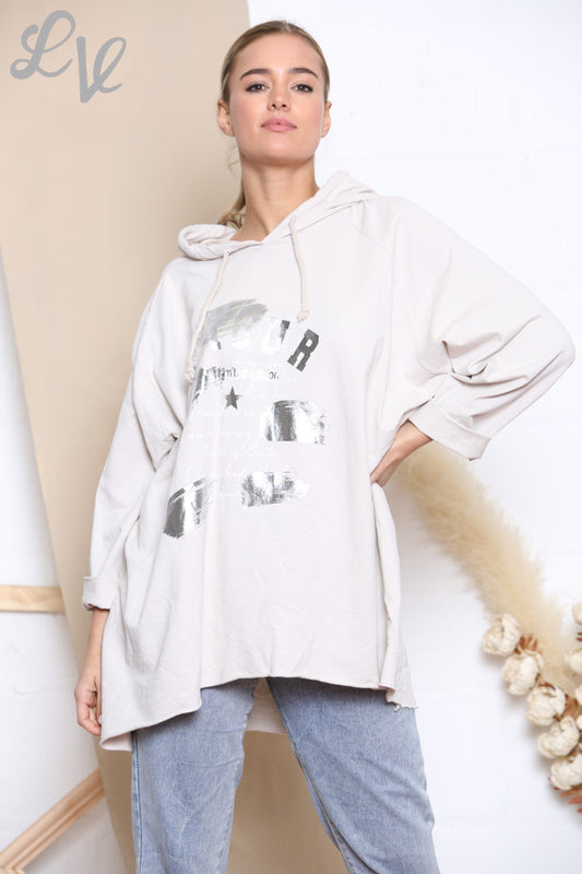 Dames hoodie met folieprint en capuchon, steenkleur