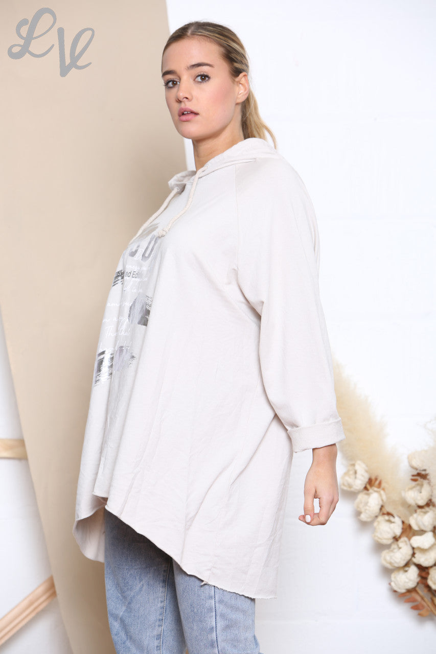 Ladies Foil Script Hooded Sweatshirt Top Stone