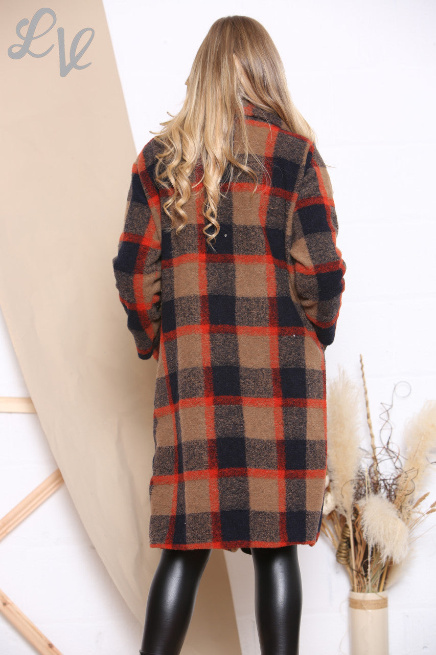 Ladies Check Wool Waterfall Coat Brown Unit Price £16.99