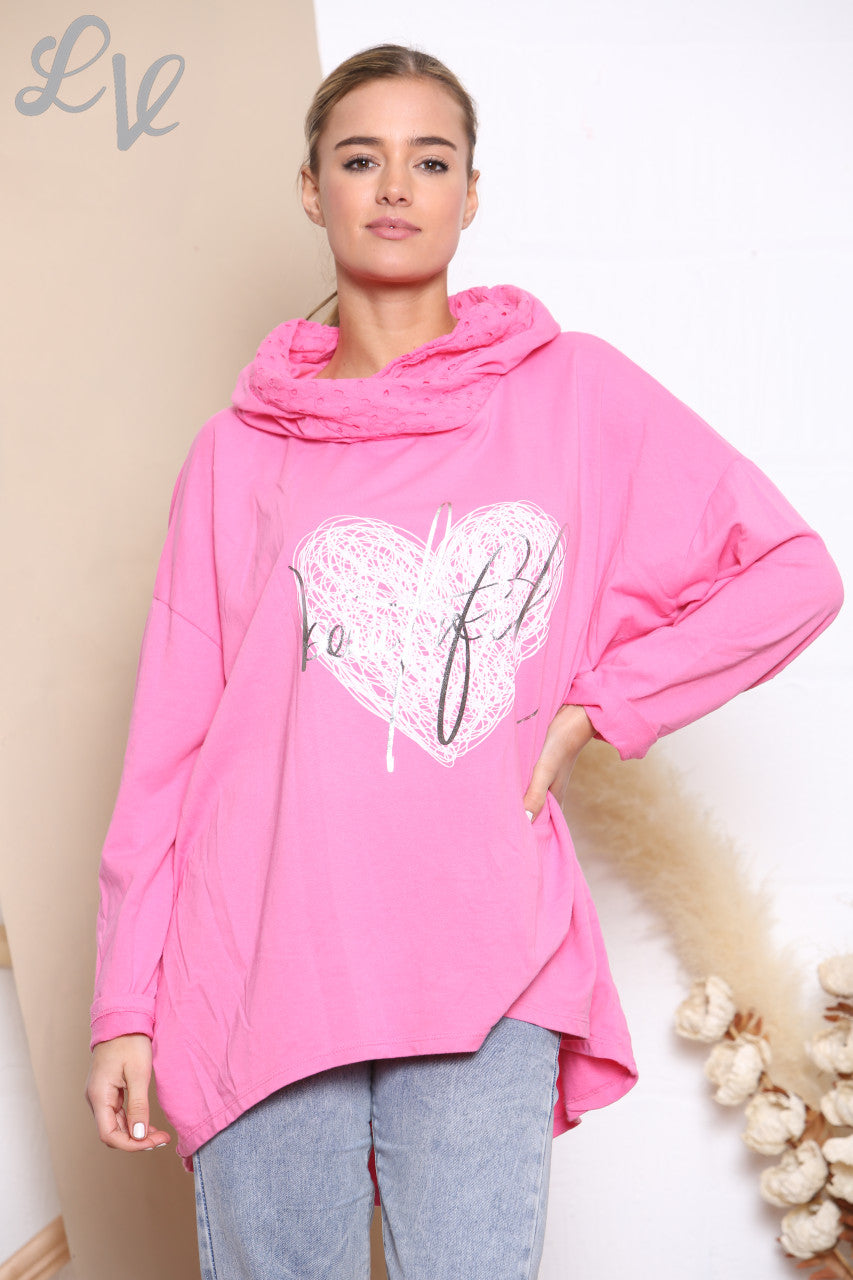 Dames Mooie Scribble Heart Hoodie Top Cerise