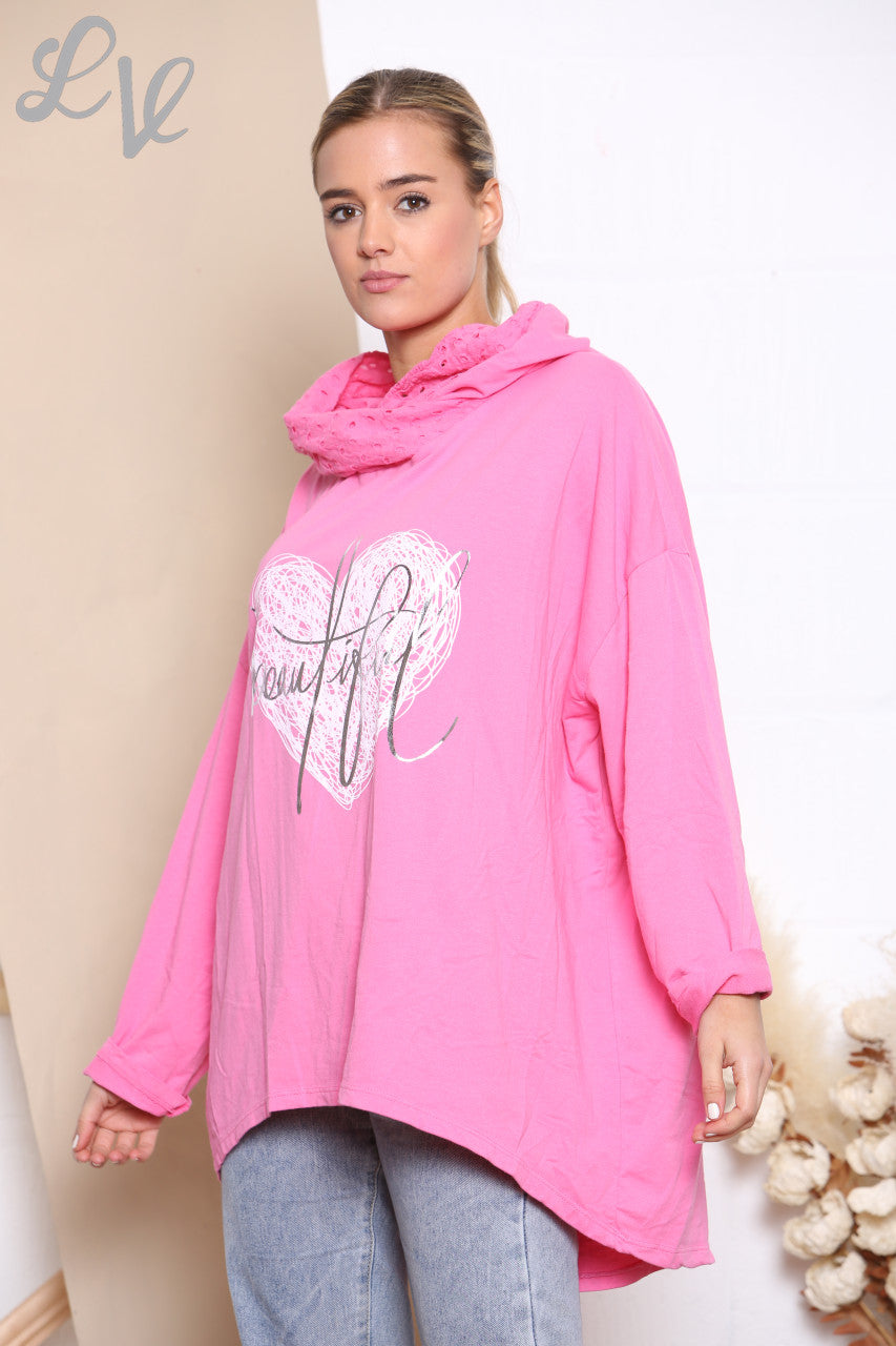 Dames Mooie Scribble Heart Hoodie Top Cerise