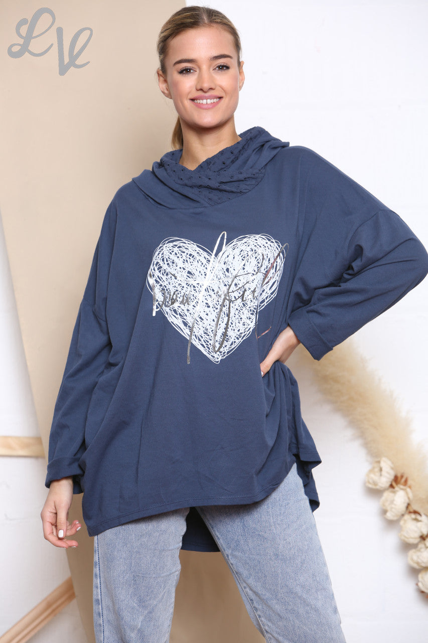 Dames Mooi Hart Hooded Sweatshirt Top Navy