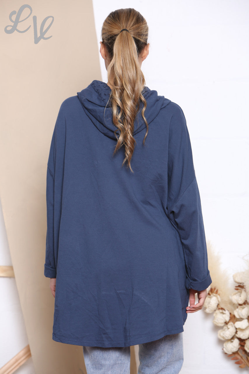 Dames Mooi Hart Hooded Sweatshirt Top Navy