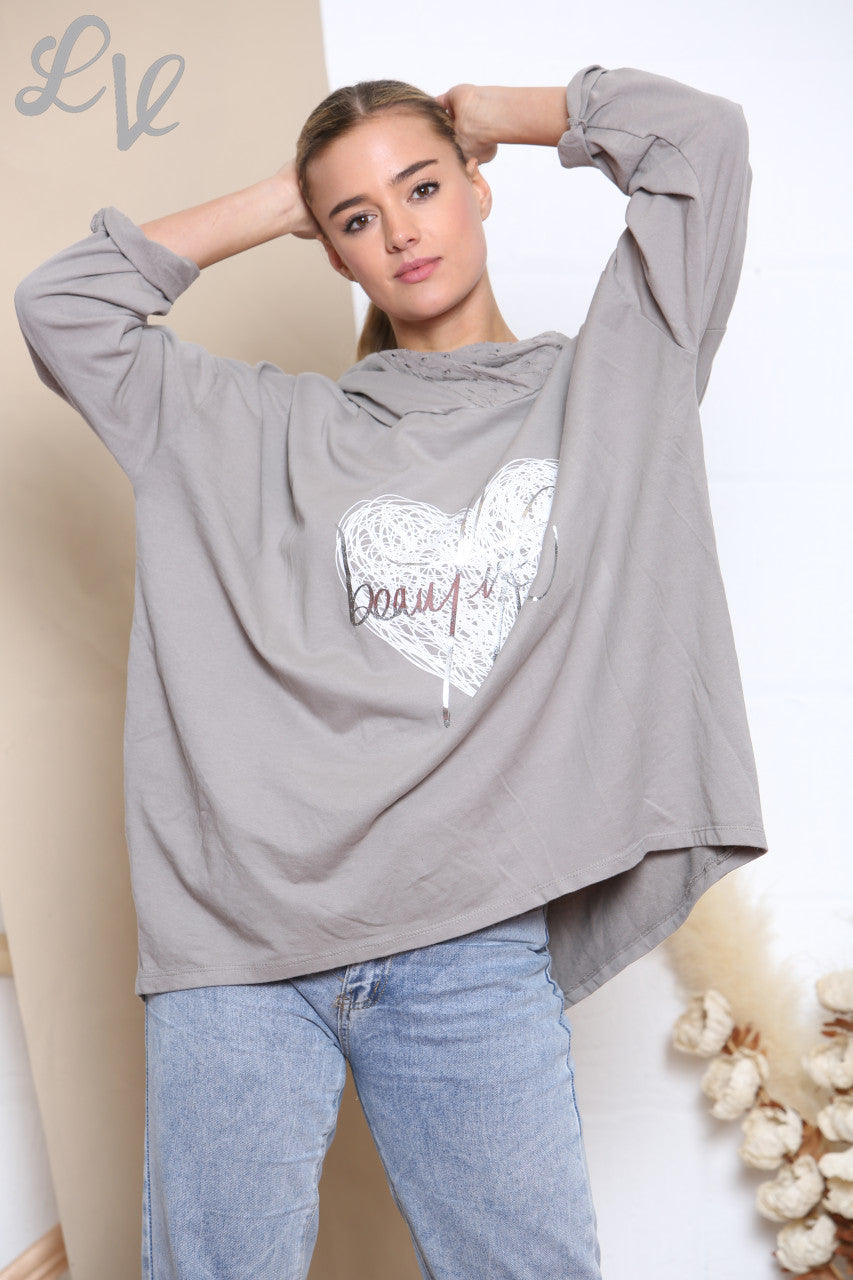 Dames Mooie Scribble Hart Capuchontrui Top Taupe