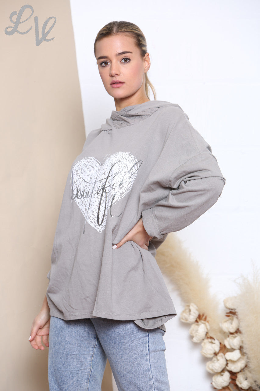 Dames Mooie Scribble Hart Capuchontrui Top Taupe