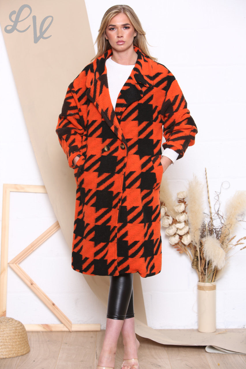 Ladies Dogtooth Print Boiled Wool Coat Orange Unit Price WAS £24.99 NOW £14.99