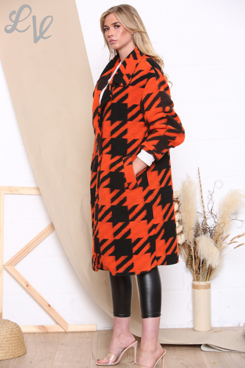 Ladies Dogtooth Print Boiled Wool Coat Orange Unit Price WAS £24.99 NOW £14.99