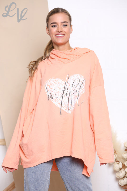 Dames Mooie Scribble Heart Hooded Sweatshirt Top Koraal