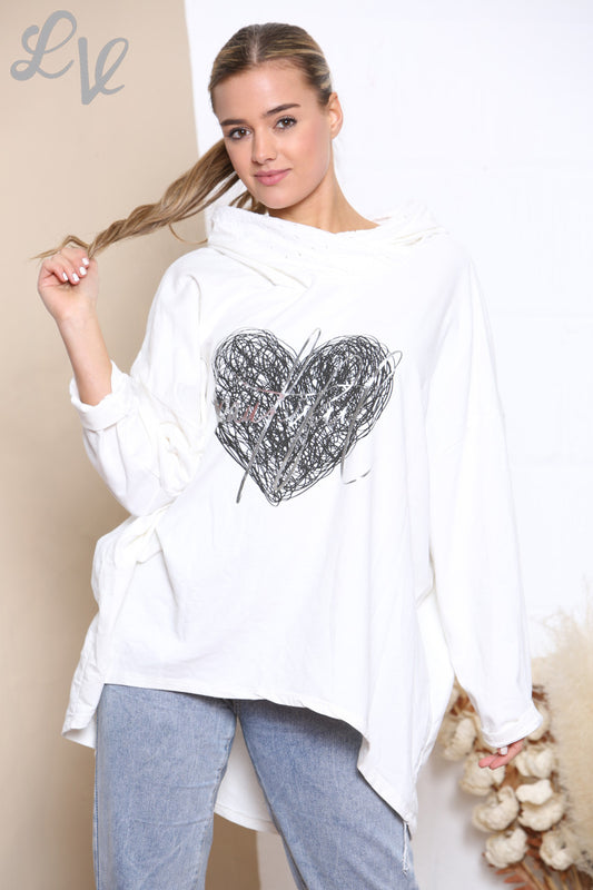 Dames mooie Scribble Hart capuchontrui Top Wit