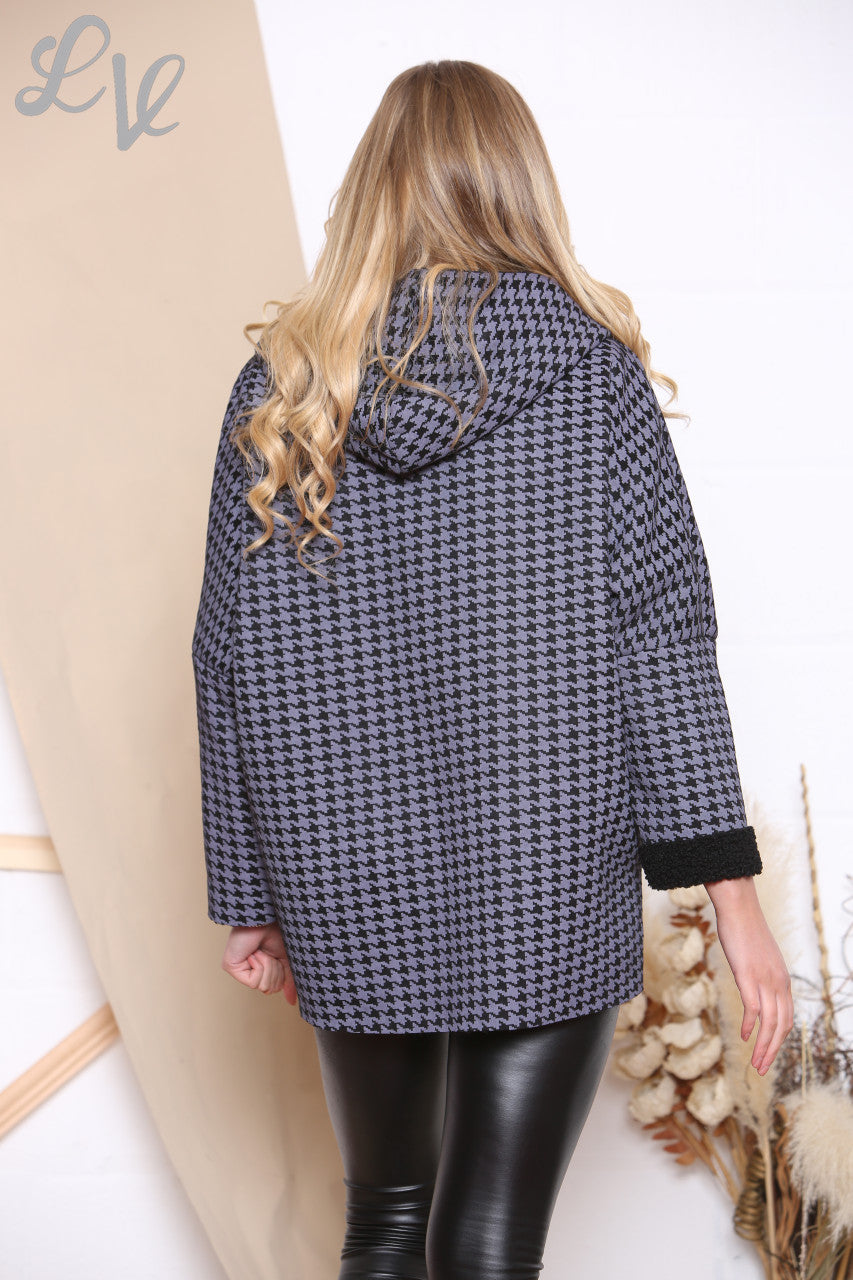 Ladies Dogtooth Hooded Jacket Charcoal Unit Price WAS £16.99 NOW £8.99