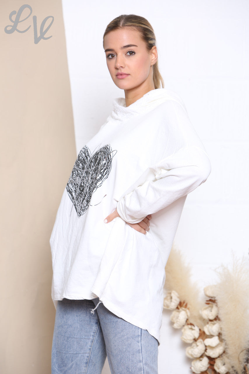 Ladies Beautiful Scribble Heart Hooded Sweatshirt Top White