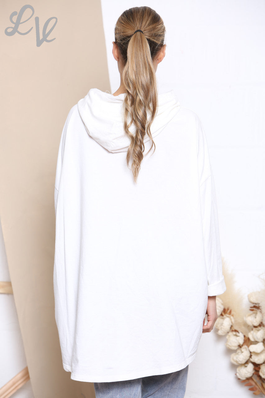 Ladies Beautiful Scribble Heart Hooded Sweatshirt Top White