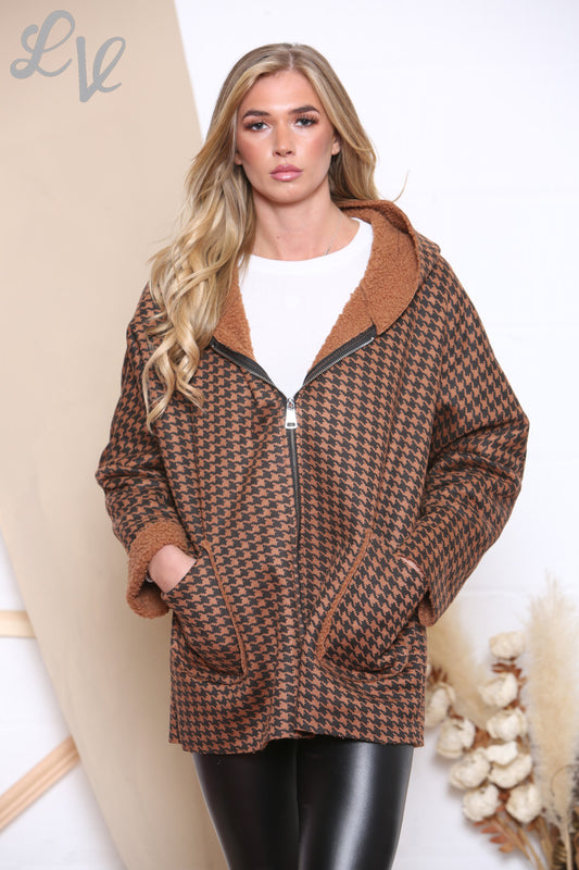 Dames Hooded Jas met Hondentandmotief Tan Stukprijs WAS €16,99 NU €8,99