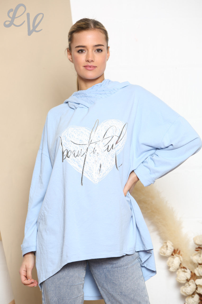 Dames Mooie Scribble Heart Hooded Sweatshirt Top Hemelsblauw