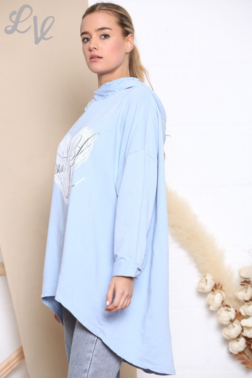 Dames Mooie Scribble Heart Hooded Sweatshirt Top Hemelsblauw
