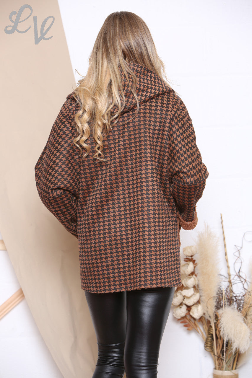 Ladies Dogtooth Hooded Jacket Tan Unit Price WAS £16.99 NOW £8.99