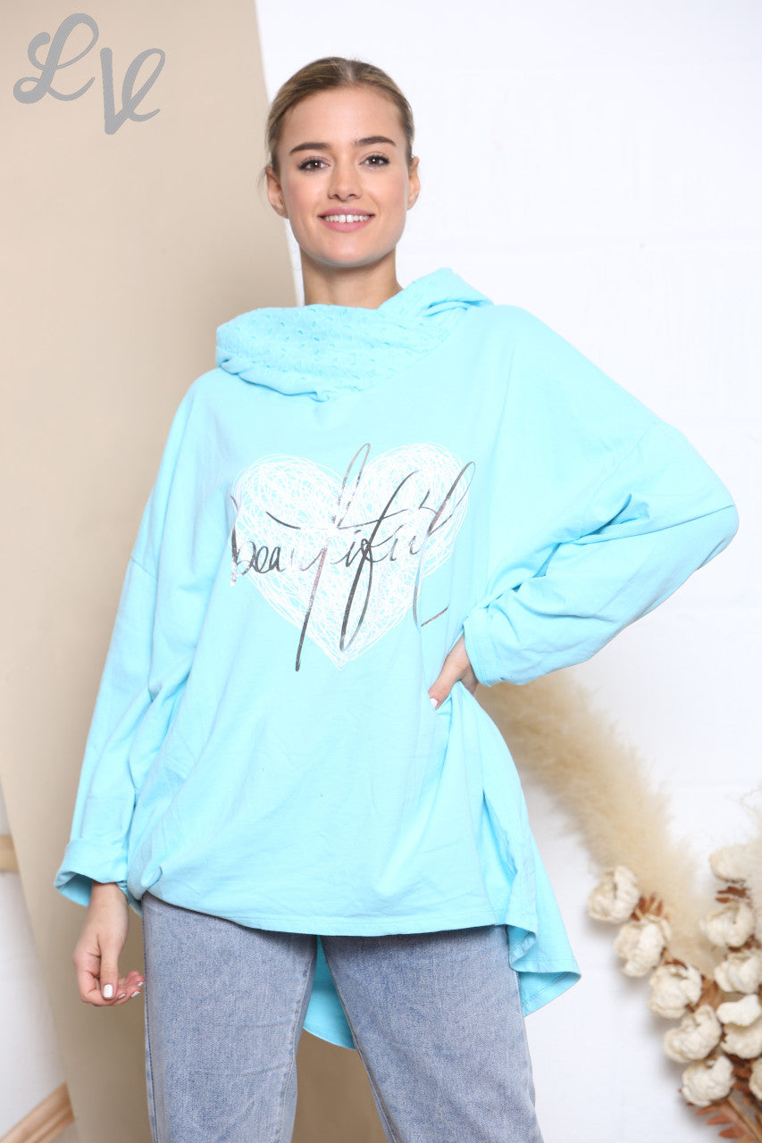 Ladies Beautiful Scribble Heart Hooded Sweatshirt Top Turquoise